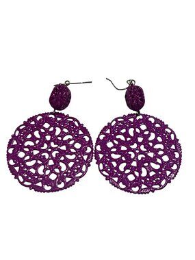 Purple Filigree Dangle Earrings Metal Hook Fastening Lightweight Pre-Owned